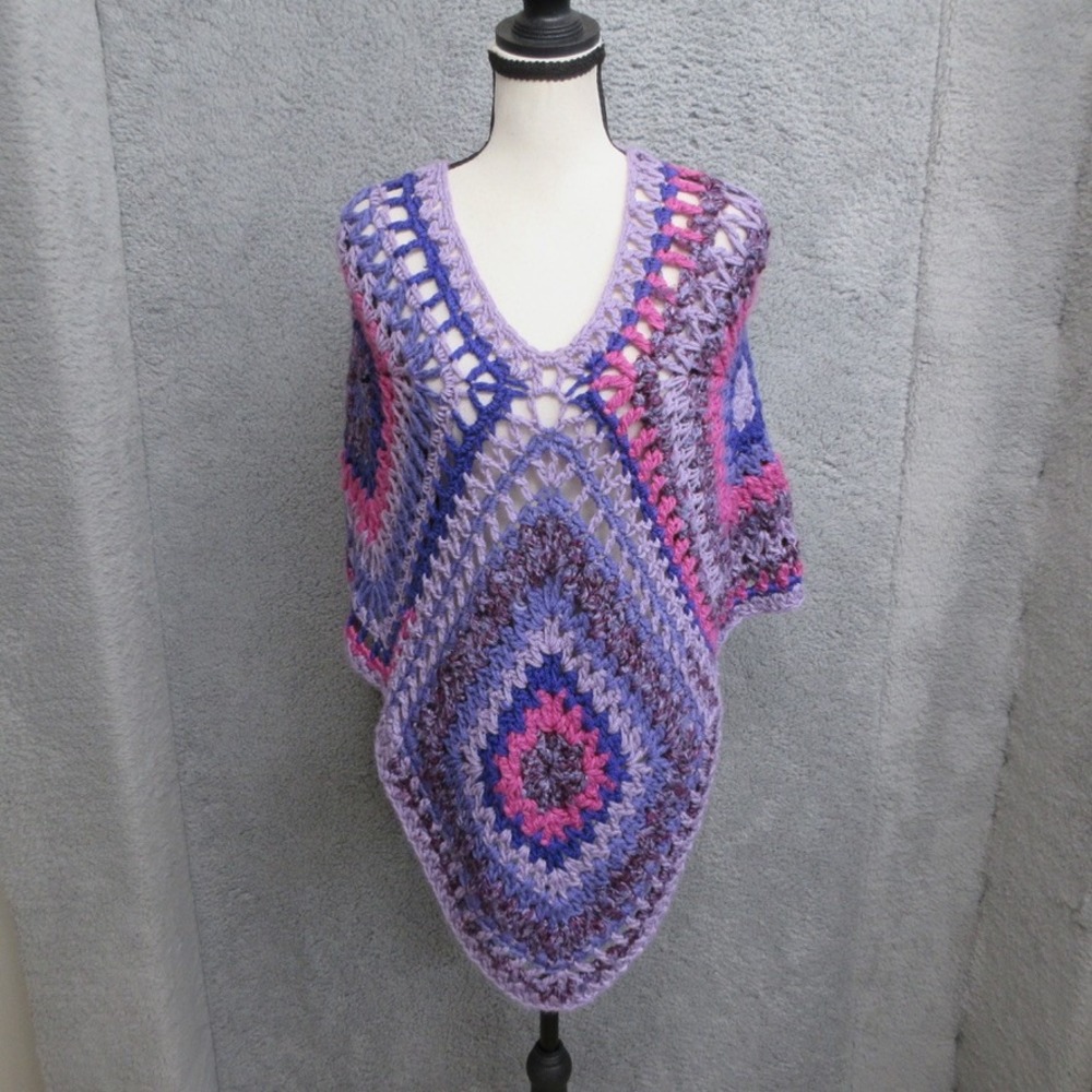 Handmade Granny Square Crochet Poncho Women OS Purple Pink Boho Festival Layer